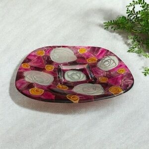 Hand painted Glass Art. Small trinket tray with colors of pink, orange swirls